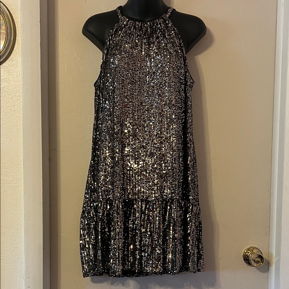 Taylor Black Sequined Halter Dress